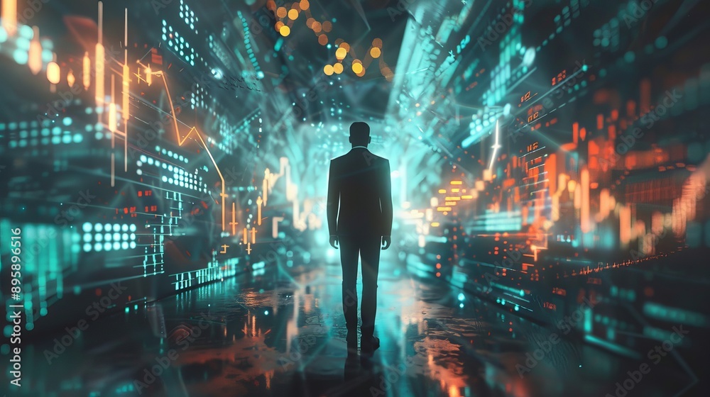 Aufkleber a looping video of business growth potential concept with virtual graphics. a businessman looks forw