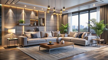 Fototapeta premium Modern and chic living room in Europe featuring sleek furniture, elegant decor, and stylish lighting, modern, chic, living room