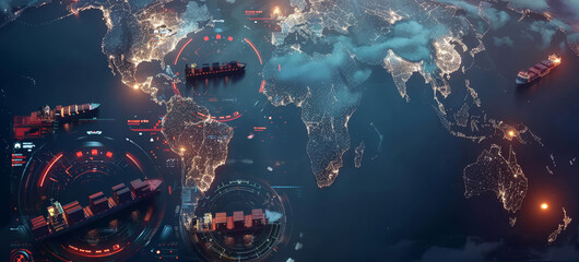 A world map with logistic network distribution on the background, and cargo ships delivering containers in a port. Background for an e-Logistics international delivery concept.