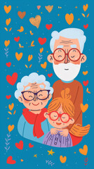 Grandparents with Grandchild Surrounded by Hearts