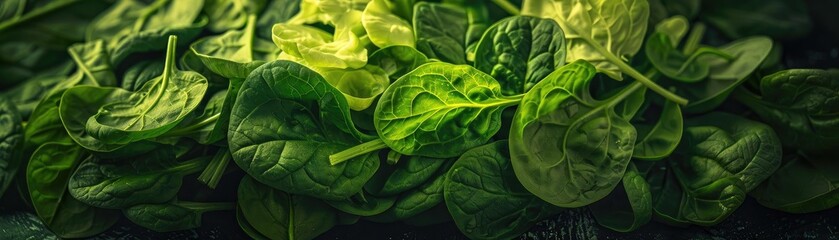 Fototapeta premium Fresh spinach leaves piled up, showcasing their vibrant green color and textures. Perfect for salads, smoothies, or healthy recipes.