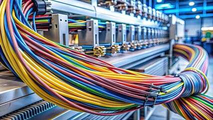 Close-up of electrical wires and cables interwoven on industrial machinery, electrical, wires, cables, industrial