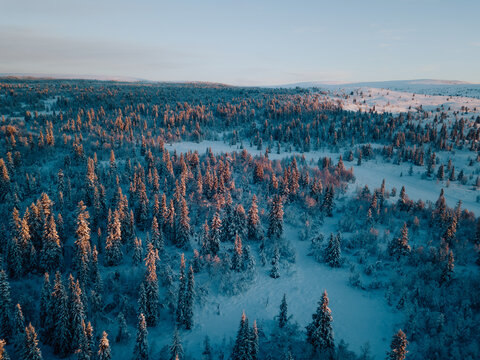Aerial View of Ringebu Mountains at Sunrise in Winter