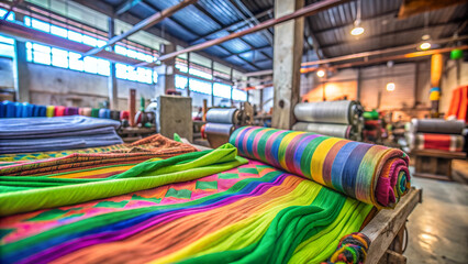 Naklejka premium Colorful Textile Manufacturing with Fabric on Looms