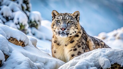 Obraz premium Snow leopard camouflaged in snowy landscape, snow leopard, snow, winter, camouflage, predator, wildcat, nature