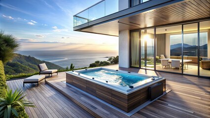 Fototapeta na wymiar Modern home featuring a swim spa with a stunning sea view in the background, Luxury, Architecture, Swim Spa, Modern, Home