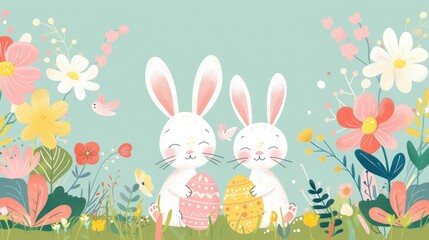 Obraz premium Easter themed banner with happy bunnies, decorated eggs, and spring flowers, isolated on a bright background, ideal for holiday cards and posters