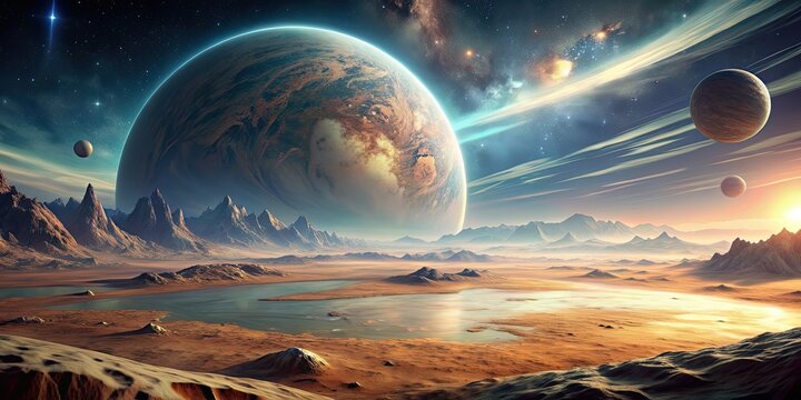 Mysterious sci-fi planet with alien landscapes and futuristic technology, alien, technology, futuristic