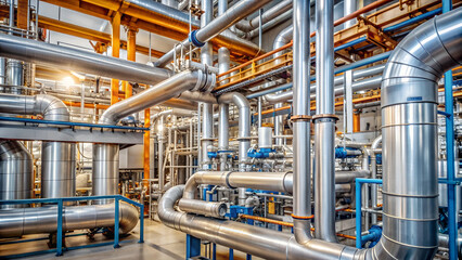 Shiny Metal Pipes and Structures in Modern Industrial Plant