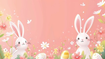 Easter themed banner with happy bunnies, decorated eggs, and spring flowers, isolated on a bright background, ideal for holiday cards and posters