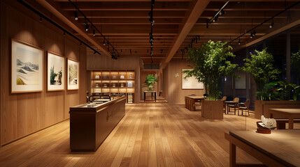 Fototapeta premium cozy art museum exhibition space with café area