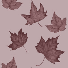 Seamless pattern with autumn leaves motifs painted in watercolor. Watercolor autumn leaves in a seamless illustration. Idea for festive decoration and creating prints.