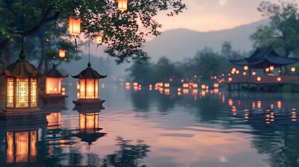 Fototapeta premium The soft glow of lanterns reflecting off a calm lake, creating a serene and peaceful scene.