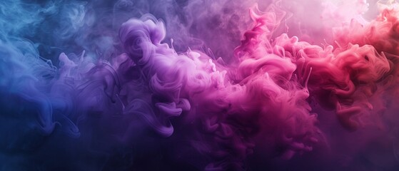 Fototapeta premium Displays a vibrant and ethereal cloud of smoke in various shades of blue, purple, and pink. The smoke billows and swirls against a dark background, creating a sense of depth and mystery.