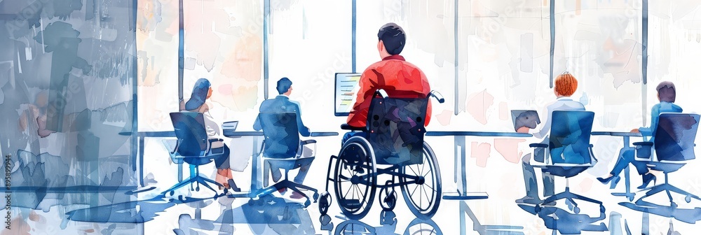 Poster office meeting with diverse team including person in a wheelchair against a bright window backdrop. 