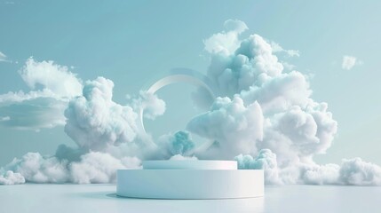 Elegant cloud-themed podium, floating white stand in a soft blue sky, 3D abstract stage, pastel backdrop for product presentation