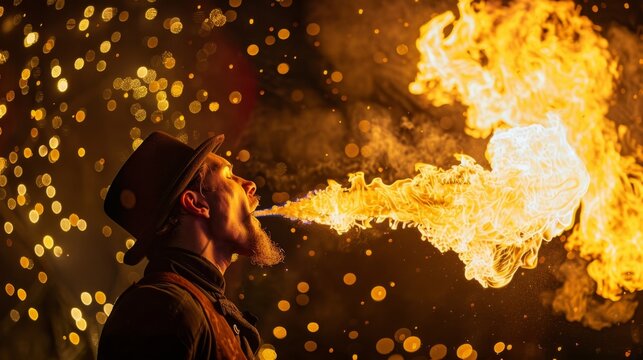 A fire breather performs a dramatic act, exhaling a large plume of fire, - Powered by Adobe
