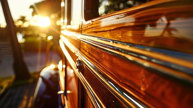 Sunlight reflecting off side of classic car at sunset