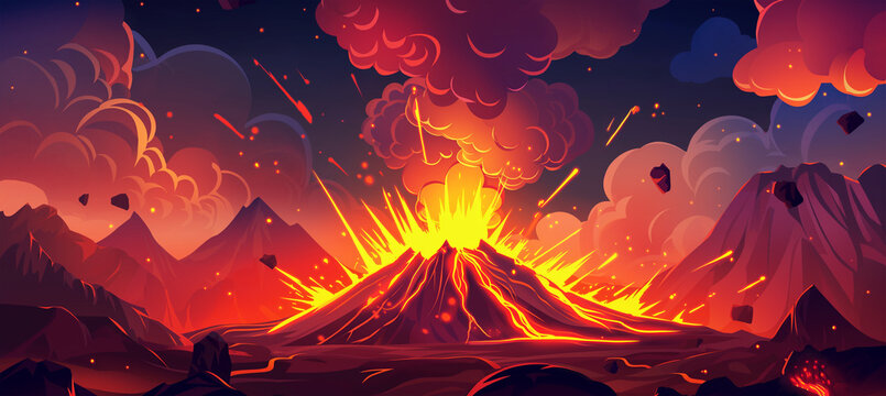 Volcano lava burst cartoon hell exploding isolation, game background, Illustration