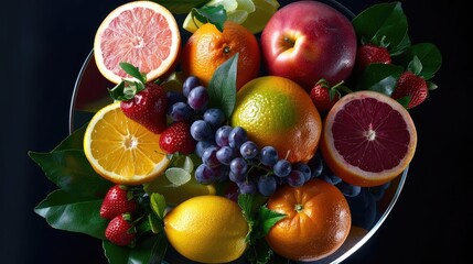 A vibrant assortment of fresh fruits, including oranges, apples, grapes, and strawberries, elegantly arranged on a dark background.