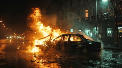 A car burns on a city street at night