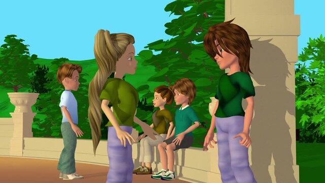 3d animation, five cartoons characters speaking or talking in the park 