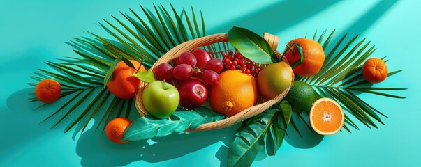 Tropical fruit arrangement with oranges, apples, grapes, pomegranate, and palm leaves on a turquoise background.