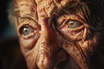 Close-up shot of an elderly man's deeply wrinkled face, emphasizing his piercing blue eyes and detailed facial features.