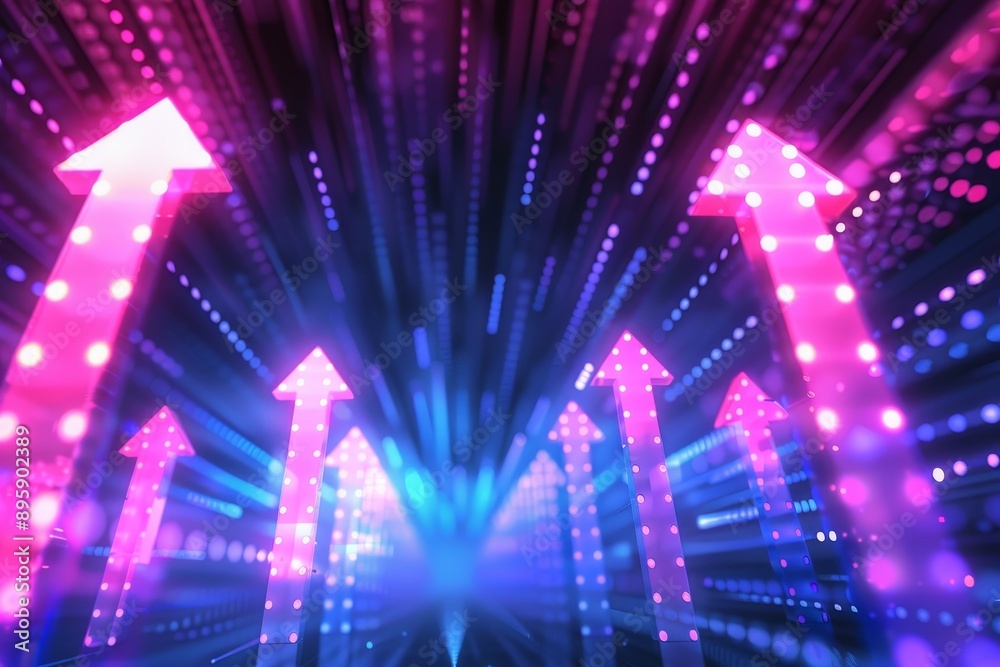 Poster a network of dots and lines is connected by digital arrows pointing upwards. this is a 3d rendering 