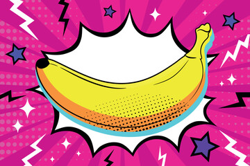 Comic background with banana in pop art style. Dynamic art decorated with stars and clouds. Bright banana fruit. Vector illustration