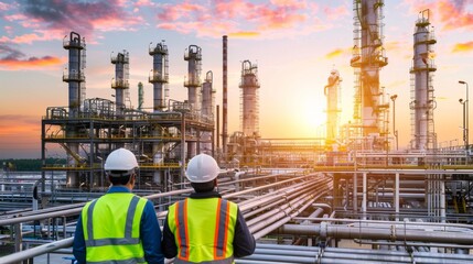 Two engineers inspecting an oil refinery at sunset