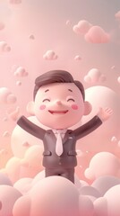 A cartoon man in a suit smiles and stands on fluffy clouds