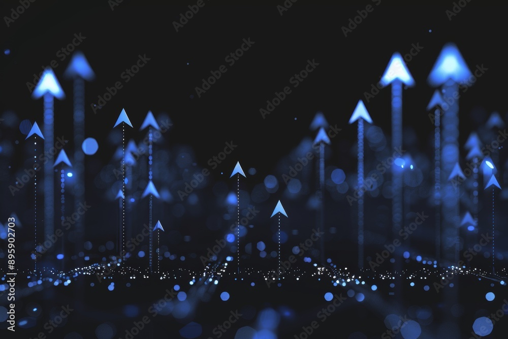 Poster three dimensional rendering of multiple brown arrows pointing upwards on a digital network backgroun