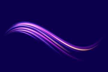 Abstract neon light rays background. A Colorful Motion Background of City Light Trails. Purple glowing wave swirl, impulse cable lines. Long time exposure. VectorГрафика и иллюстрации