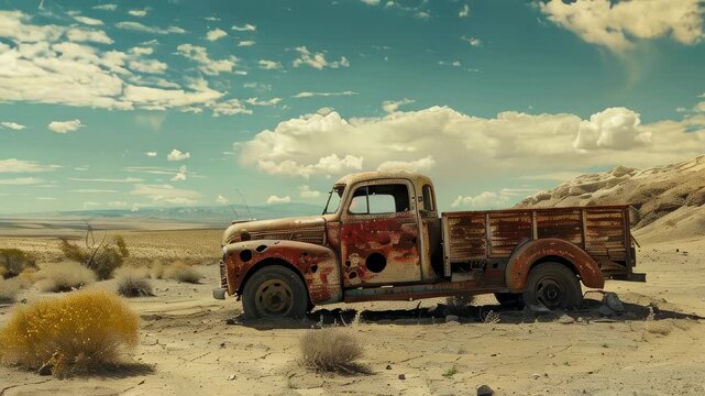 Rusted old truck in desert landscape under cloudy sky