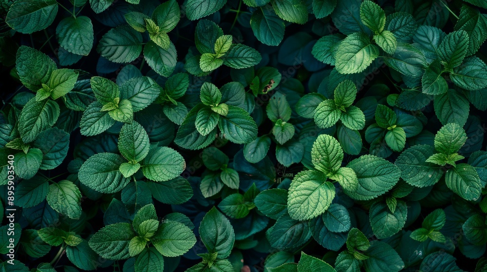 Poster fresh mint leaves creating a rich green textured background. ideal for culinary and refreshing desig
