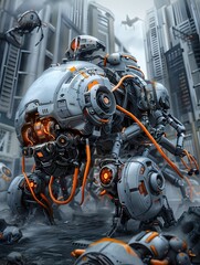 Fototapeta premium Fierce Biomechanical Mech Titans Dominating Apocalyptic Urban Landscape in Gritty Style