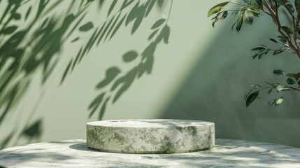 Elegant minimal podium, green shadow background, stone display stand for beauty products, summer abstract scene, plant accents, mockup