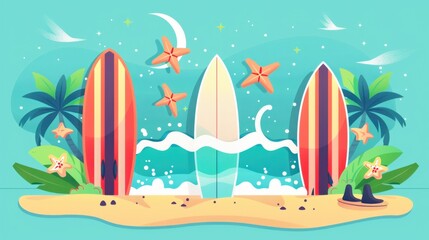 Surfboards and waves, beach adventure theme, flat design illustration