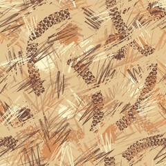 Obraz premium Seamless beige camouflage pattern with chaotic grunge zigzag lines. Frayed texture, smudge paint. Dense random chaotic composition. For apparel, fabric, textile, sport goods. Grunge style