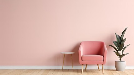 A stylish interior featuring a pink wall, modern chair, round table, and elegant plant for a cozy atmosphere.