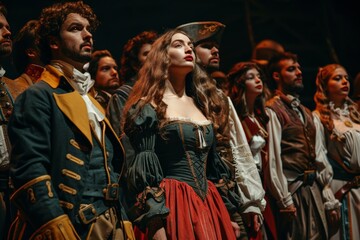 Obraz premium Group of people in elaborate historical costumes, with a serious-looking man in the forefront.
