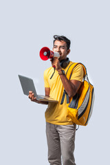 Asian Indian young college boy student with megaphone