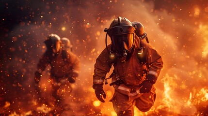 Fototapeta premium Heroic Firefighters Battling Raging Inferno with Unwavering Courage and Teamwork