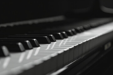 Close-up of black and white piano keys with soft lighting, showcasing the intricate details of a classical keyboard. Ideal for themes related to musical artistry, concert performan