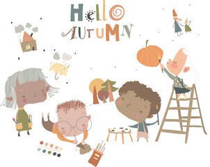 Cute cartoon Kids painting Pictures about Autumn. Vector Illustration