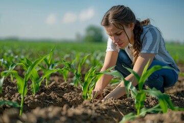 Woman planting young seedlings in a field, symbolizing sustainable farming practices and care for the environment.