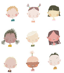 Cute Cartoon Girls and Boys Portraits Different Nations. Vector illustration