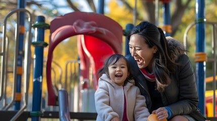 Obraz premium Candid at a Playground: A woman playing with her child at a playground, both laughing and having fun. 