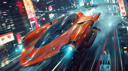 Cyberpunk digital art, a sport hover craft flying through the streets of futuristic megapolis